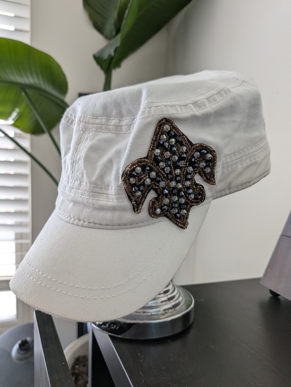 White Embellished Fleur-de-Lis Military-Style Cap